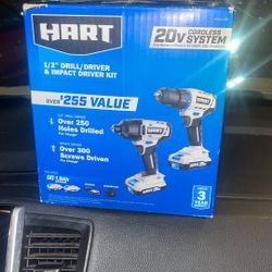 HART 20V Cordless Drill/Driver and Impact Driver Combo Kit — it includes: 	•	(1) ½” drill/driver 	•	(1) impact driver 	•	(2) 1.5Ah rechargeable lithiu