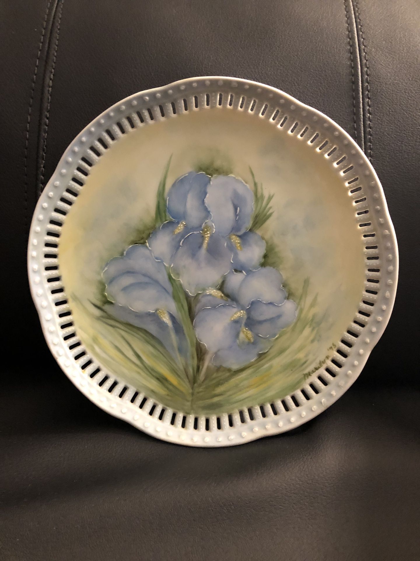 Floral Reticulated Hand Painted Plate Signed By Artist “Marilyn” 1978 - Pierced