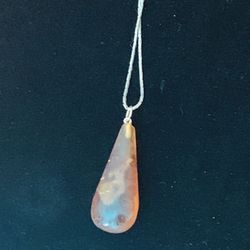 Beautiful Gold Color Necklace w/ Amber Color Teardrop Shaped Pendant