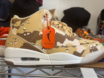 WNBA x Nike Women's Air Jordan 3 Retro "Desert Camo" sneaker featuring a tan camouflage canvas
