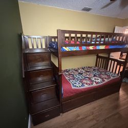 Solid Wood Ultimate Storage Staircase Bunk Bed with Raised Panel Under Bed Drawers