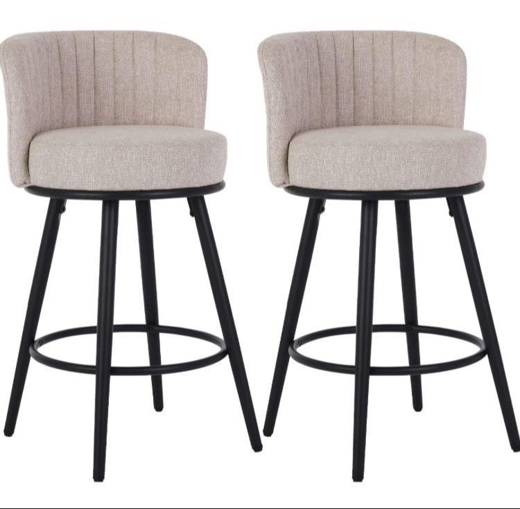 Brand New Set of 2, 27 Inches Seat Height Barstools, Upholstered Linen Fabric Counter Stools with Back for Kitchen Island, Beige