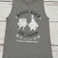 The Culturefly Spongebob Bikini Bottom Goo Lagoon Mussel Beach small Tank Top Shirt is a stylish unisex adults' tank top featuring a gray 