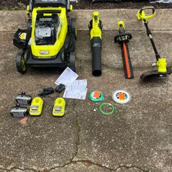 Ryobi 18 V 20 inch self-propelled mower, string trimmer, leaf blower hedge trimmer, batteries charger 320
