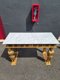 Custom-Made Solid Marble Top Table with Hand-Carved Wood Base