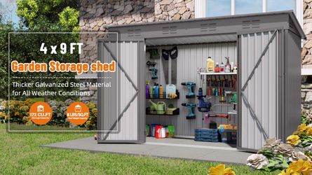 4 x 9 FT Outdoor Storage Shed, Metal Garden Shed Tool House with Sloping Roof,6 vents and 2 Swing Doors for Backyard, Garden,Patio, Garage, Lawn, Gray