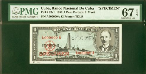 1 peso 1956 specimen cuba pmg 67