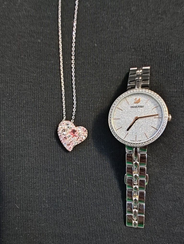 Swarovski pink crystal Alana heart pendant -necklace. with Swarovski watch