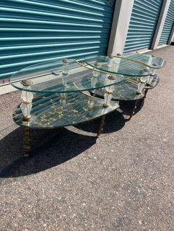 VTG Hollywood Regency verre églomisé glass brass 3-piece coffee & end table set goran Belgium style