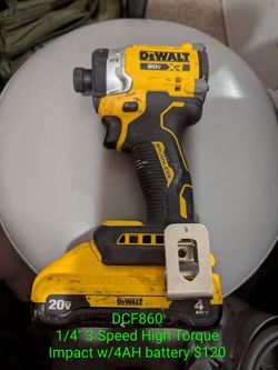 DeWalt 1/4" High Torque Impact Driver w/4AH battery $120