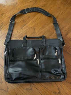 Black Faux Leather Laptop Briefcase Messenger or Travel Bag – Tons of Pockets