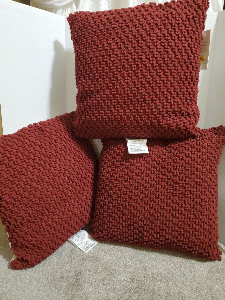 3 New Burgundy Red 17" Square Outdoor Pillows