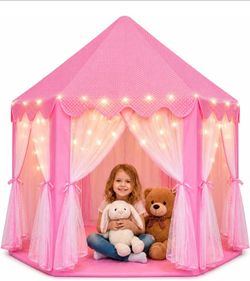 Tent for Kids, Toddler & Kids Pink Play Tent Indoor & Outdoor Princess Castle Fort for Girls and Toddlers Ages 2-7, 55”x53”, LED Star Lights, Children
