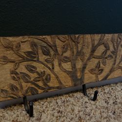 Beautiful Hand Carved / Wood / Tree- Hanging Rack For Keys , Hats, Etc. - New 