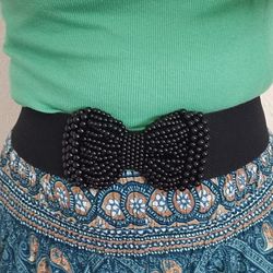 Black faux pearls bow stretchy women's wide belt gift