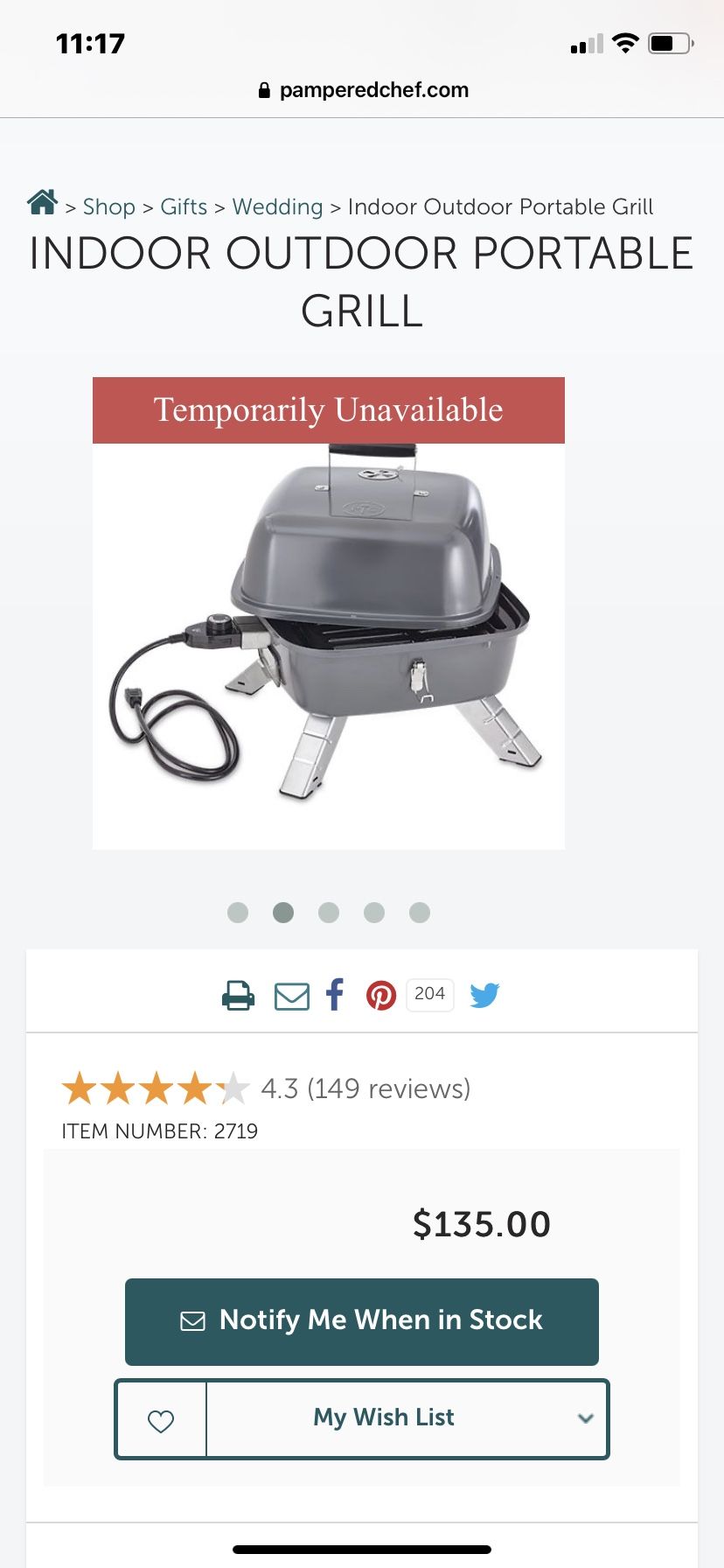 Pampered Chef Indoor Outdoor Portable Grill
