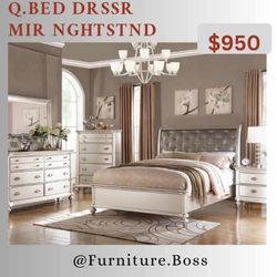 Glam Style Bedroom - 4pc Queen Bed Dresser Mirror Nightstand $950