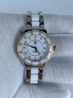 Tag Heuer Formula One 1 18K Yellow Gold Stainless Steel Date White Ceramic 34.5mm Diamond Quartz Wrist Watch WAH1221