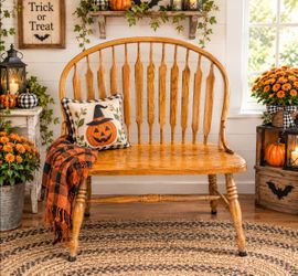 Vintage Amish Oak Wood Arrow Back Bench