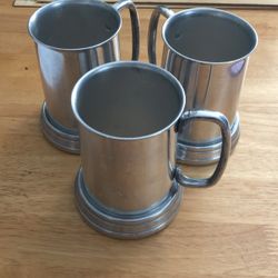 3 pewter glass bottom Mugs, Made In Hong Kong