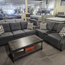 Brand New Gray Linen Sofa + Loveseat With Cup Holders, USB, Charging Ports