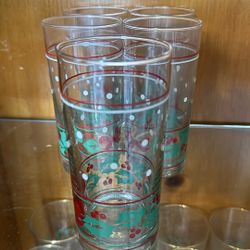 Vintage Set of 5 Caprice Holly Berry Bow High Ball Glass Barware Christmas