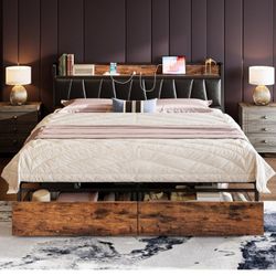 LIKIMIO King Size Bed Frame, Storage Headboard with Charging Station, Platform Bed with Drawers, No Box Spring Needed, Easy Assembly, Vintage Brown an