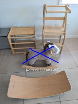 Wooden Cube Table, Counter Stool, Rocking Horse & Balance Board - 4 Items
