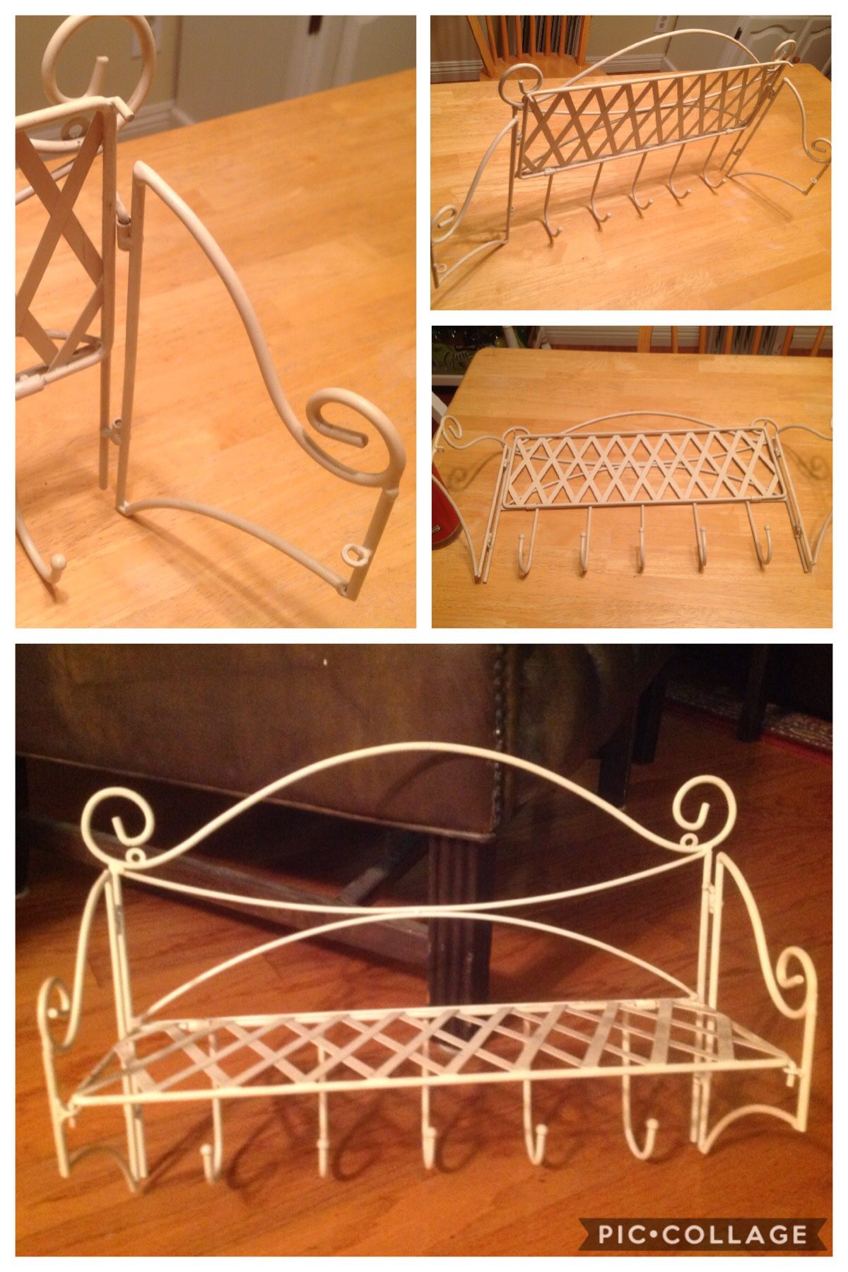 Shabby Chic-Cream Colored Mini Wire 👨‍🍳 Baker's Rack with movable Shelf and 3 hooks. Super cute! 19" wide by 17" tall X-Posted. Located in L