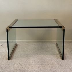 Vintage Leon Rosen Pace Collection Waterfall Mid Century Modern Brass Thick Glass Petite Coffee Cocktail End Side Table Hollywood Regency