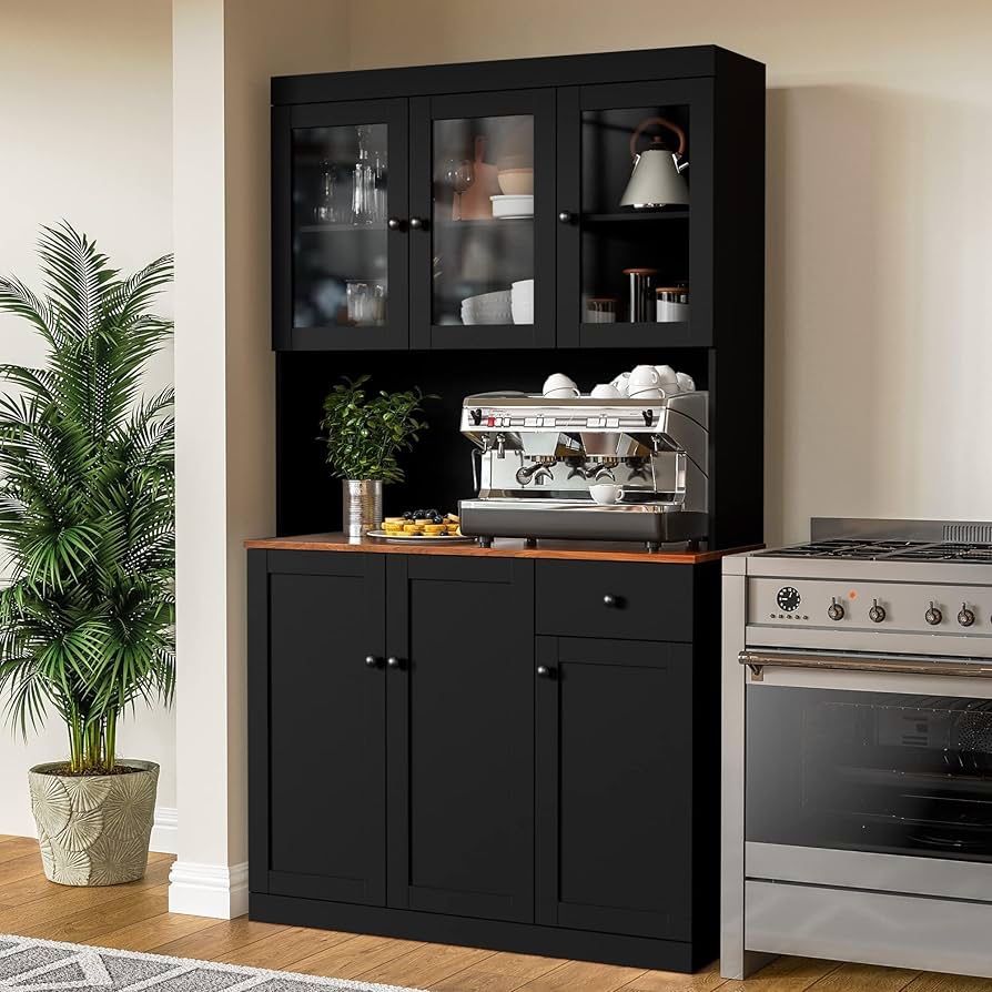 Tall Kitchen Pantry Cabinet with Microwave Shelf, Modern Large Freestanding Sideboard Cupboard Kitchen Hutch Cabinet with Storage Countertop and Drawe