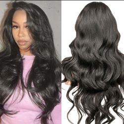 Brand new Body Wave 30 Inch 13x6 HD Lace Front Synthetic Wig 220% Density - #1B Natural Black 
