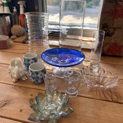Assorted collection of glass, ceramic, porcelain pieces.