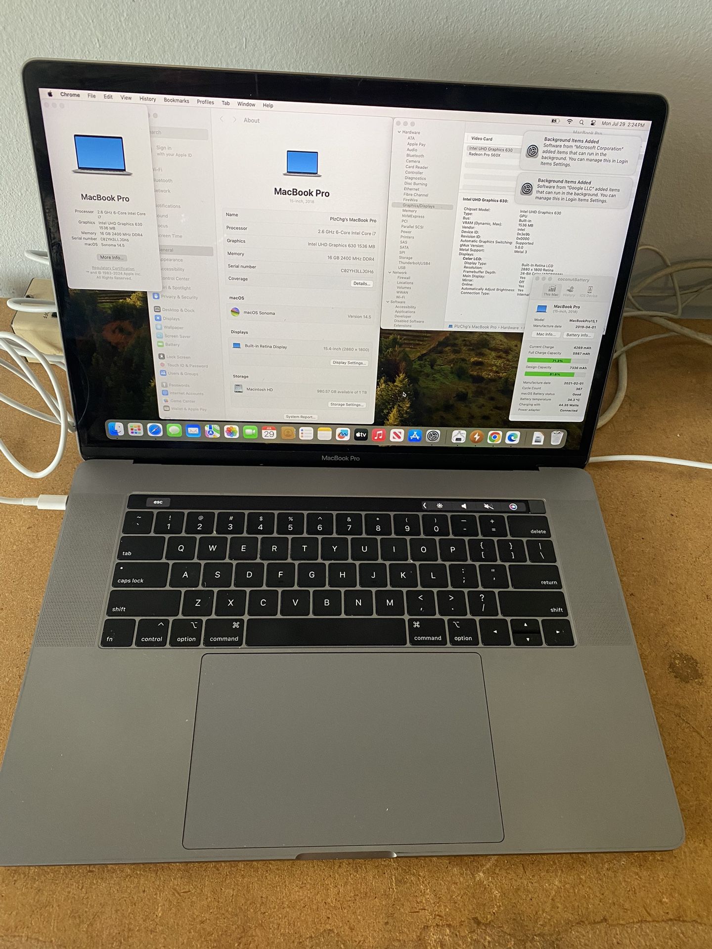 2019 MacBook Pro A1990 15” I72.6ghz/16gbram/1tb Ssd/sonoma/charger/warranty/gradeA/touch Bar