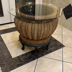 Pottery Barn Rattan style table side table, coffee table with glass top