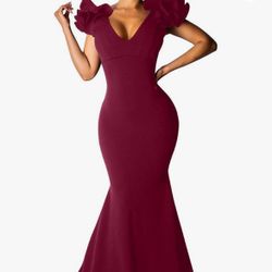 BEAGIMEG Women's Sexy Ruffle Sleeve Elegant V Neck Backless Evening Formal Maxi Dress size Medium
