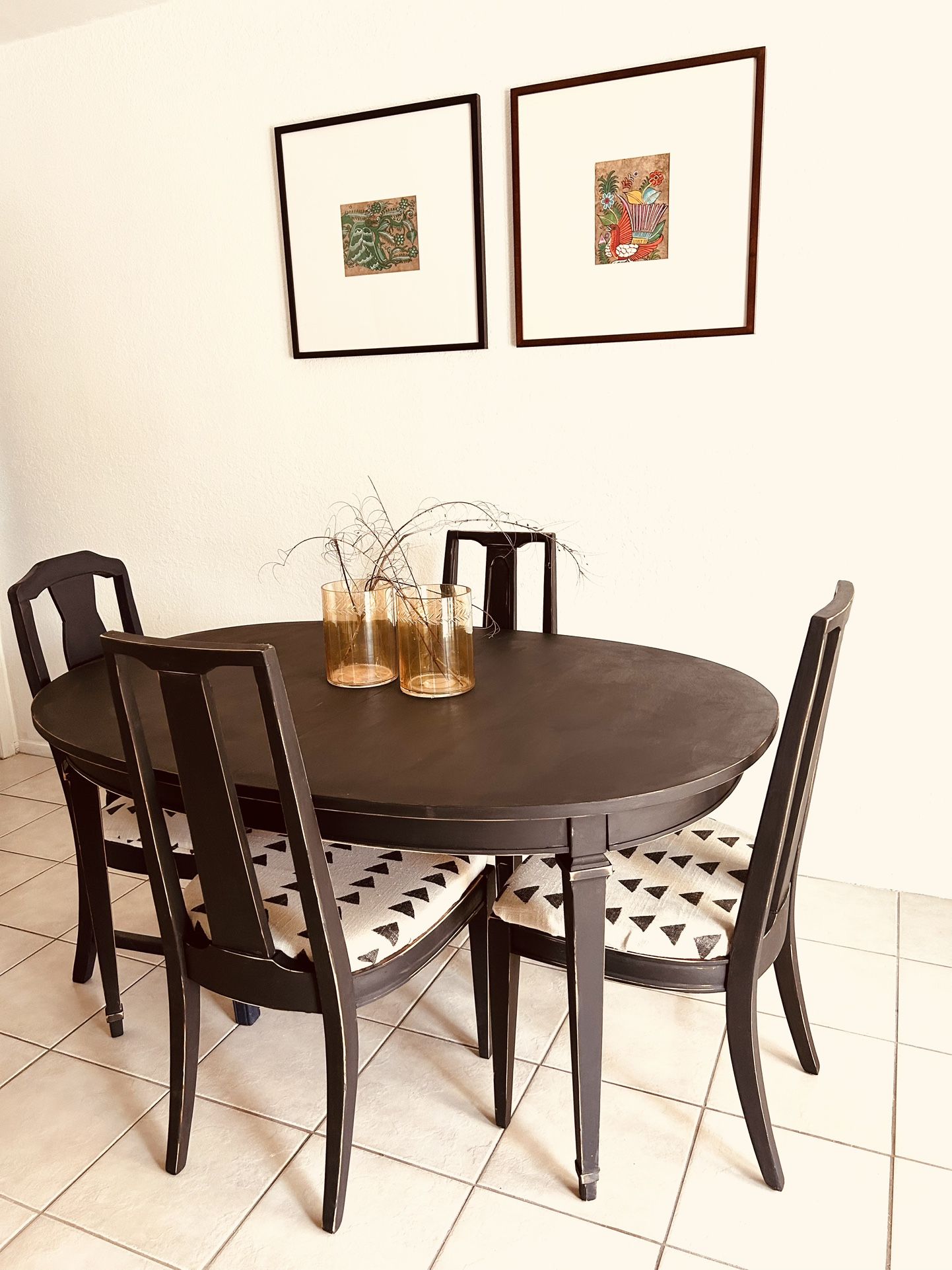 Vintage Solid Oak Wood Black Distressed Oval Dining Table With 4 Chairs Home Decor Furniture