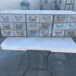 Vintage Metal Parts Organizer Cabinet – 18 Drawer Shop Storage