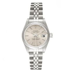 Ladies Rolex 26mm DateJust Stainless Steel Watch with Silver Tapestry Dial and Fluted Bezel. (Ref# 69174 / 700-10070)