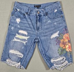 Y2K Distressed Torn Floral Denim Shorts 29W