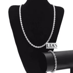 New 18k White Gold Rope Chain And Bracelet 