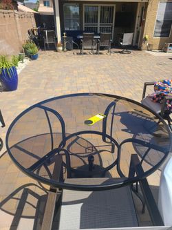 Brand New 5 Piece Outdoor Table ( In a Box)and 4 New Chairs And Umbrella