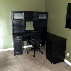 Computer Monitor Black Wooden Desk With Ergonomic Swivel Chair Set