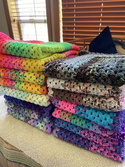 Hand crocheted lap or baby blankets. Thick. 36×36. Machine washable acrylic yarn. Smoke free, pet free, Covid free home. Public pick up only. See my