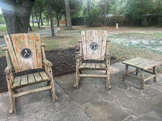 Rustic Log Rocking Chairs and Side Table Set