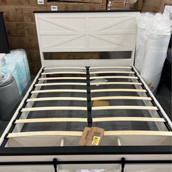 Queen Storage Bed Frame White Farmhouse