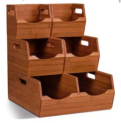 3-tier Stackable Bamboo Pantry Storage Bins, Potato and Onion Storage Baskets with Handles