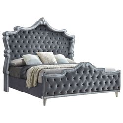 VINTAGE FLARE GRAY TUFTED CROWN HEADBOARD QUEEN SIZE BED FRAME