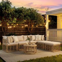 GO 7 Pieces Outdoor Patio Furniture, All-Weather Rattan Sectional Sofa Set with Thick Cushions and Pillows, Freely Combined Conversation Sets for Gard
