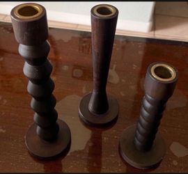 Set of 3 Dark Wood Candlestick Holders